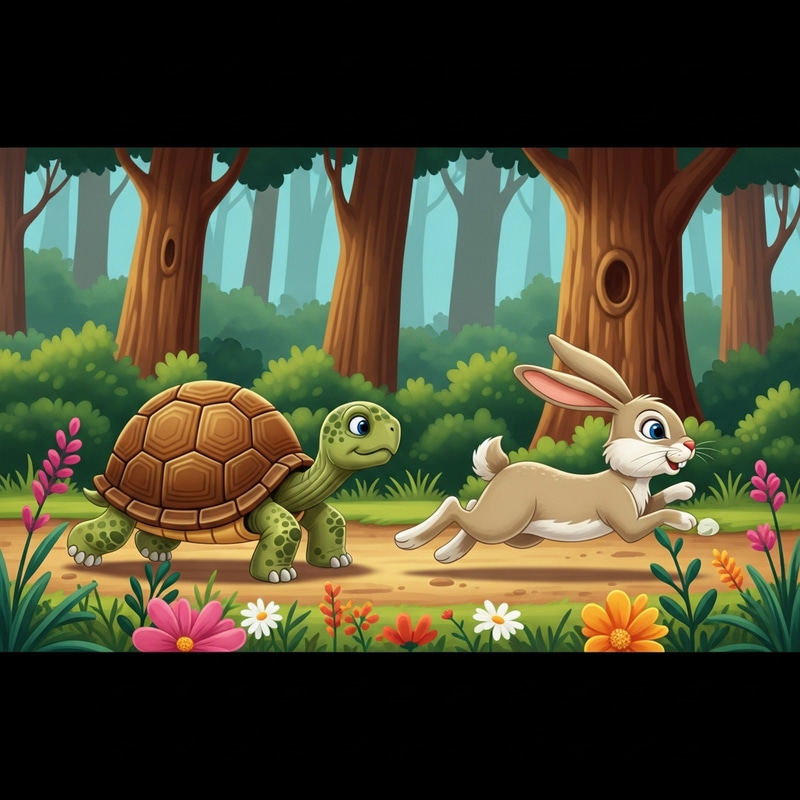 Cartoon Turtle and Rabbit in Forest Race - Classic Tale Animation Cartoon Turtle and Rabbit in Forest Race - Classic Tale Animation