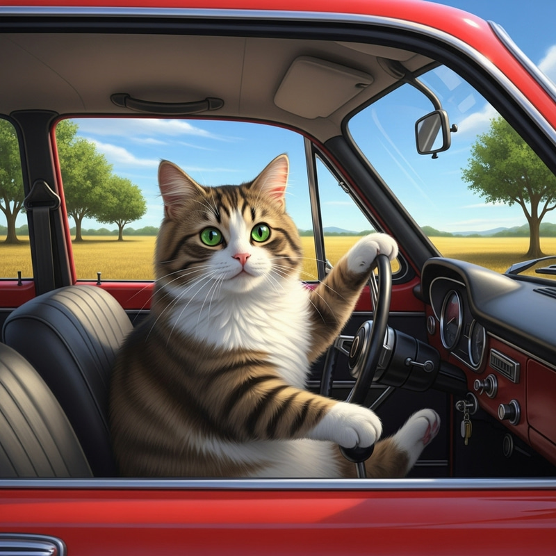 Charming Cat Driving Vintage Red Car in Serene Field