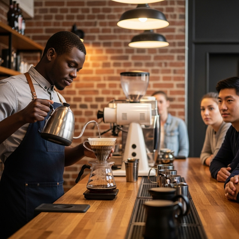 Cozy Urban Cafe Scene: Black Male Barista Brewing Coffee with V60 Dripper