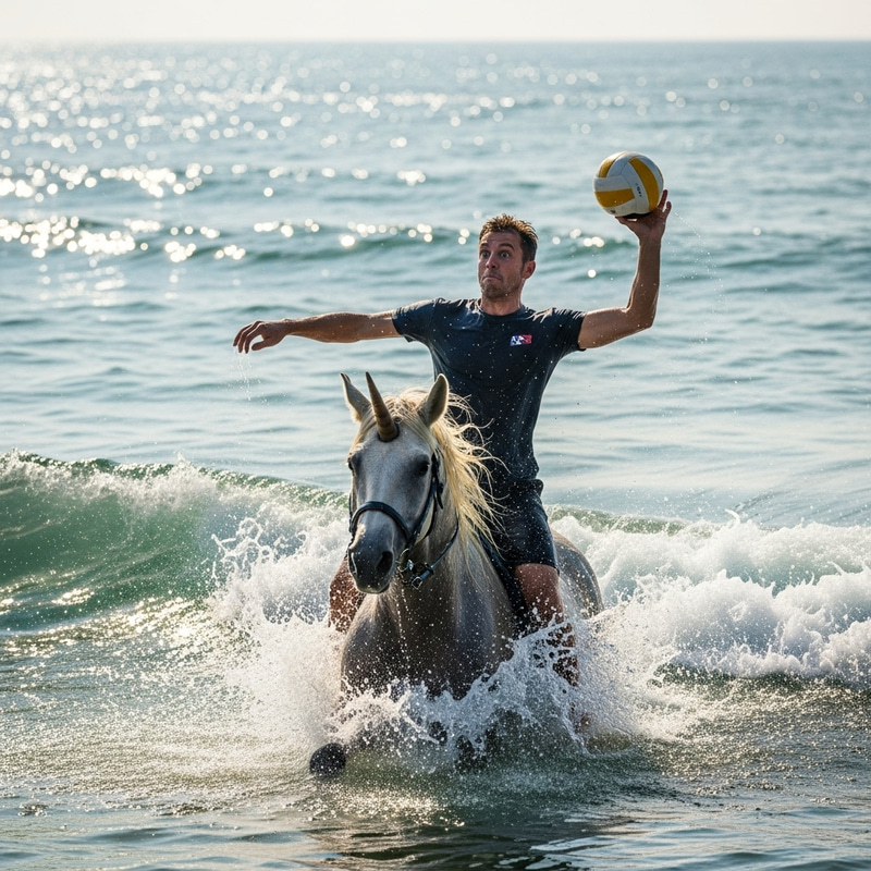 Mad Guy Riding Unicorn Plays Volleyball in Ocean Mad Guy Riding Unicorn Plays Volleyball in Ocean