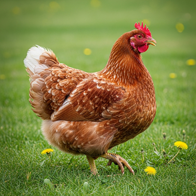 Vibrant Red and White Chicken on Lush Green Grass