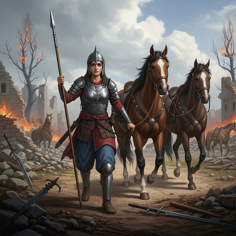 Brave Warrior with Horses in a War Zone Brave Warrior with Horses in a War Zone