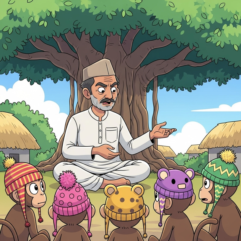 Village Man Scolding Cartoon Monkeys Under Tree Village Man Scolding Cartoon Monkeys Under Tree