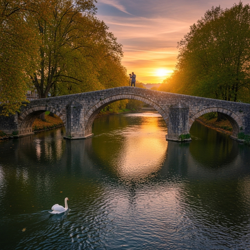 Serene Autumn Landscape Photography with Stone Bridge and Swan Serene Autumn Landscape Photography with Stone Bridge and Swan