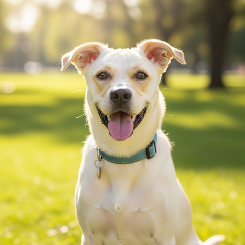 Joyful Dog Smiling in Verdant Park Scene Joyful Dog Smiling in Verdant Park Scene