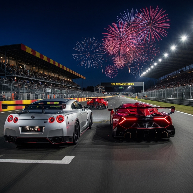 Spa Franchorchamp New Year Midnight Race: Nissan GTR R35 Nismo vs. Lamborghini Veneno
