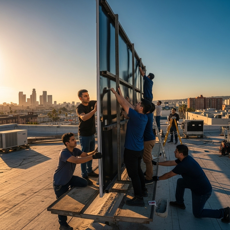 Vibrant Urban Scene: Workers Assembling Billboard on Dollar Store Roof Vibrant Urban Scene: Workers Assembling Billboard on Dollar Store Roof