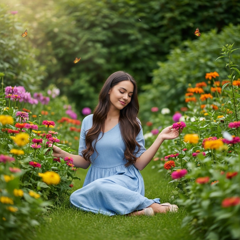 Beautiful Girl with Shiny Long Hair in Tranquil Garden Setting