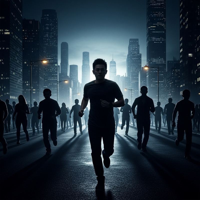 Dramatic Night City Chase: Enigmatic Escape to Light