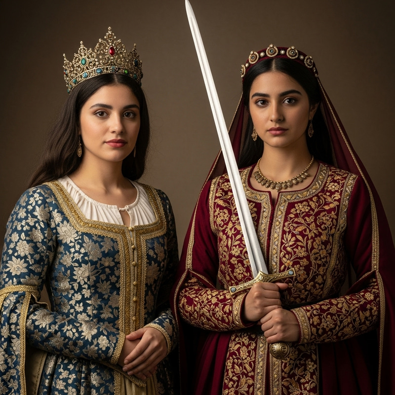 Royal Women of Antique Era: Crowned and Armed Figures Royal Women of Antique Era: Crowned and Armed Figures