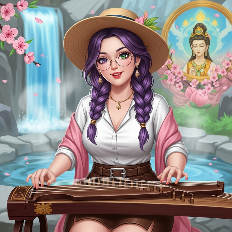 Asian Beauty with Guzheng, Waterfall, Goddess, and Peach Blossoms Asian Beauty with Guzheng, Waterfall, Goddess, and Peach Blossoms