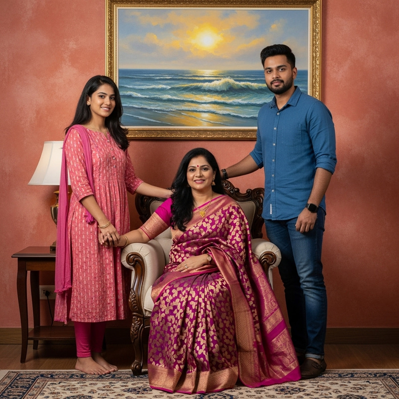 Vibrant Family Portrait: Indian Mother, Son, Daughter in Luxurious Setting Vibrant Family Portrait: Indian Mother, Son, Daughter in Luxurious Setting