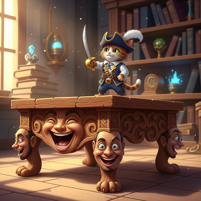 Cat with Sword and Laughing Table - A Playful Scene Cat with Sword and Laughing Table - A Playful Scene