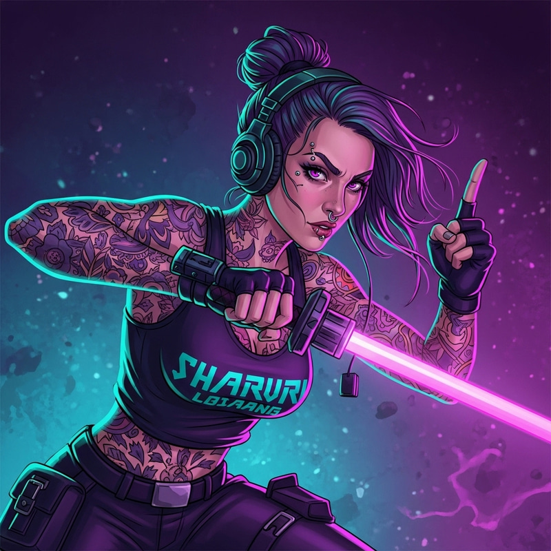 Tattooed Gamer Girl in Dynamic Cyberpunk Battle