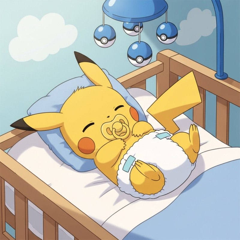 Newborn Pikachu Sleeping in Crib | Diaper & Pacifier - Cute Baby Cartoon Newborn Pikachu Sleeping in Crib | Diaper & Pacifier - Cute Baby Cartoon