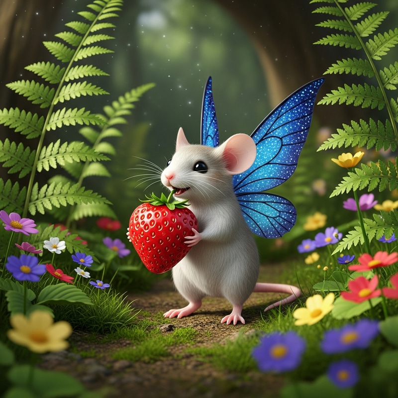 Enchanted Fairy Mouse Biting a Strawberry Enchanted Fairy Mouse Biting a Strawberry
