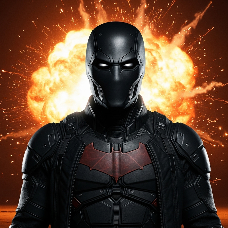 Red Hood in All Black Outfit with Tech Details and Explosive Background Red Hood in All Black Outfit with Tech Details and Explosive Background