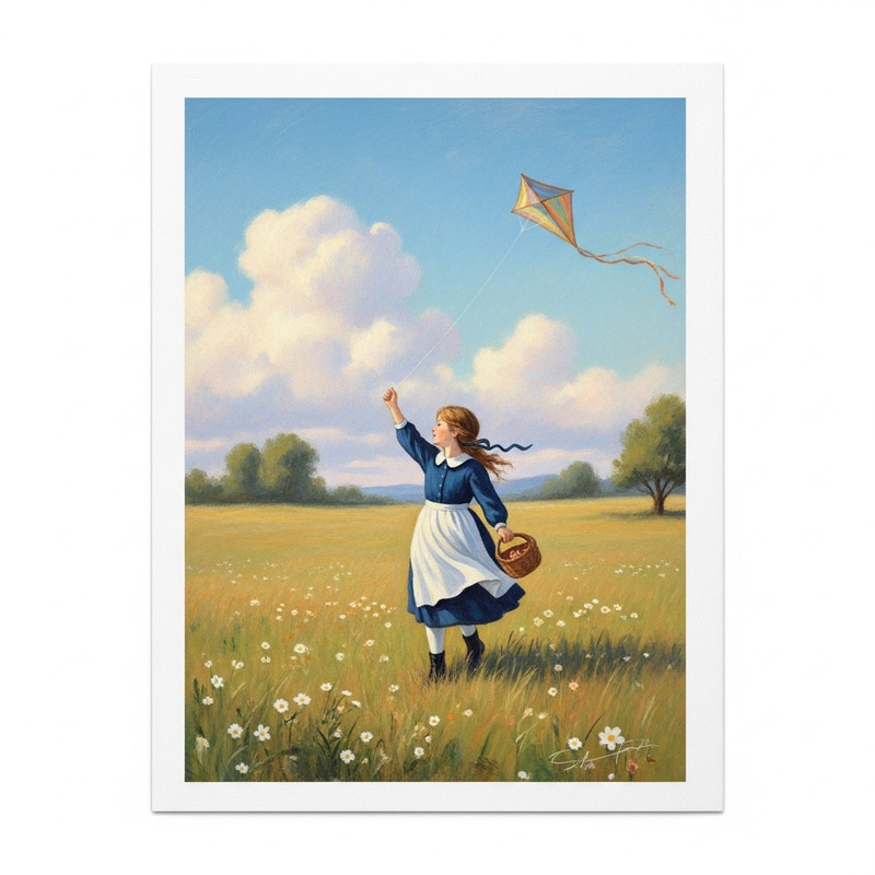 Whimsical Illustration of Young Girl with Kite in Pastel Colors Whimsical Illustration of Young Girl with Kite in Pastel Colors