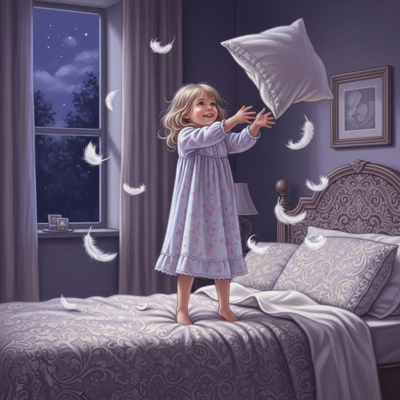 Whimsical Night Scene with Blonde Girl on Bed