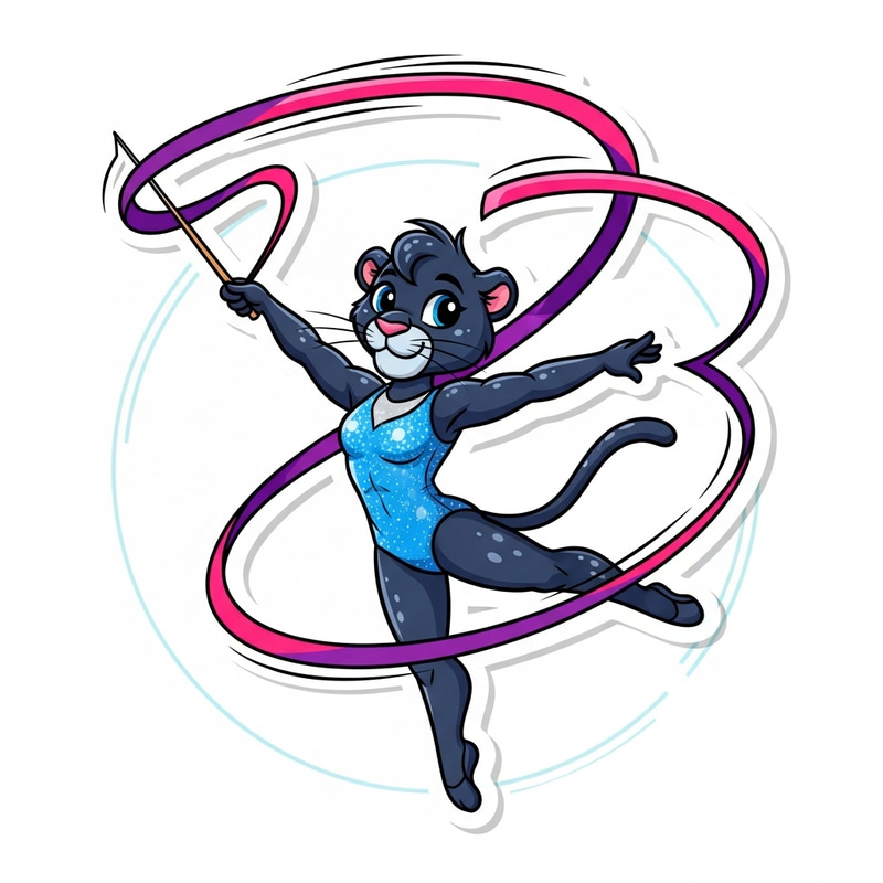 Cute Panther Gymnast Sticker with Ribbon | Cartoon Art Cute Panther Gymnast Sticker with Ribbon | Cartoon Art