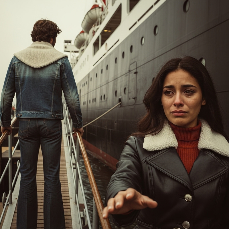 Nostalgic Love Scene: Emotional Farewell on 70s Ship