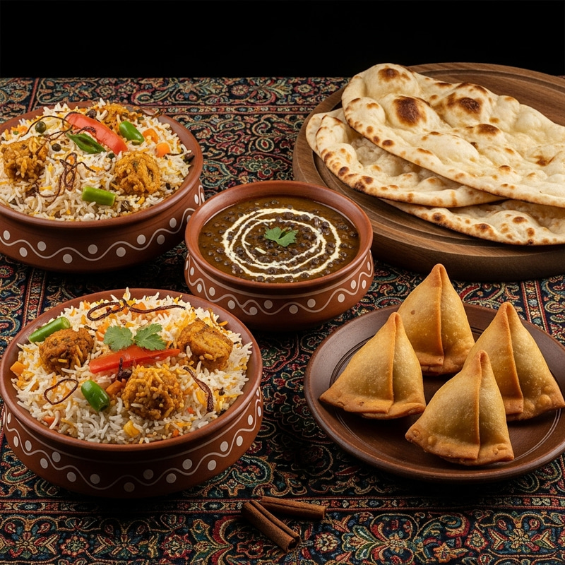 Traditional Indian Food: Biryani, Dal Makhani, Samosas & Naan Traditional Indian Food: Biryani, Dal Makhani, Samosas & Naan