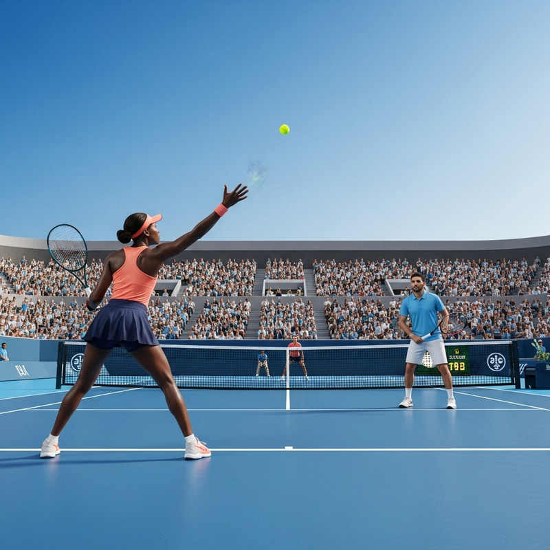 Exciting Tennis Match: Female Player vs. Male Opponent