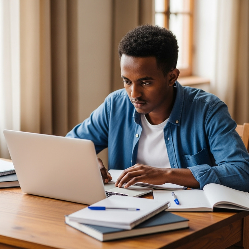 Focused Ethiopian Student Engrossed in Studies at Wooden Desk