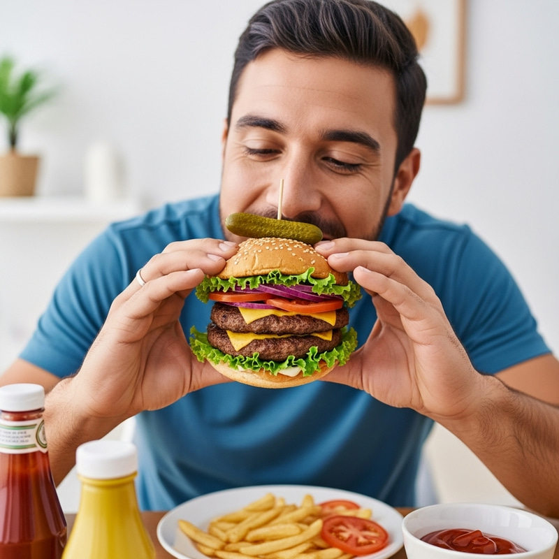 Hispanic Man Enjoying Triple Meat Burger | Man at Table Hispanic Man Enjoying Triple Meat Burger | Man at Table