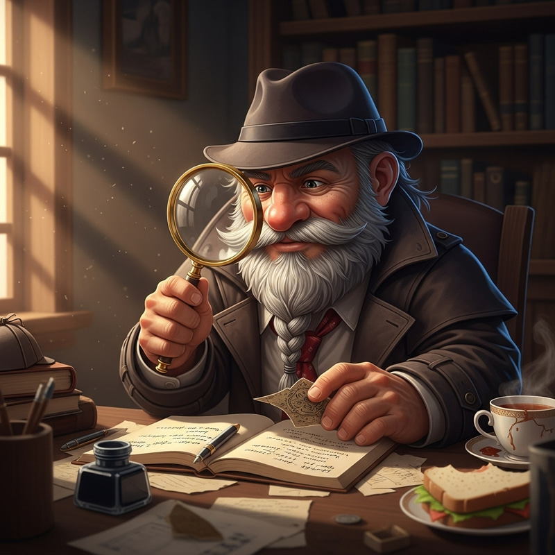 Spirited Middle-Aged Dwarf Private Investigator with Magnifying Glass Spirited Middle-Aged Dwarf Private Investigator with Magnifying Glass