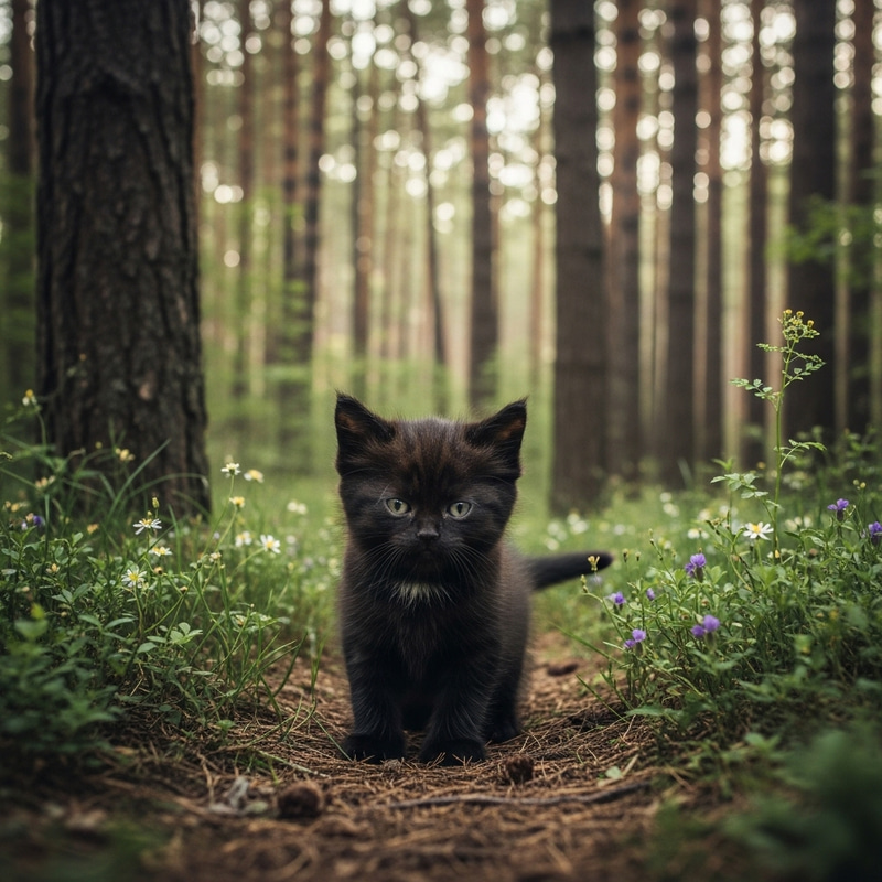 Enchanting Forest: Cute Black Kitten with Loveable Grumpiness Enchanting Forest: Cute Black Kitten with Loveable Grumpiness