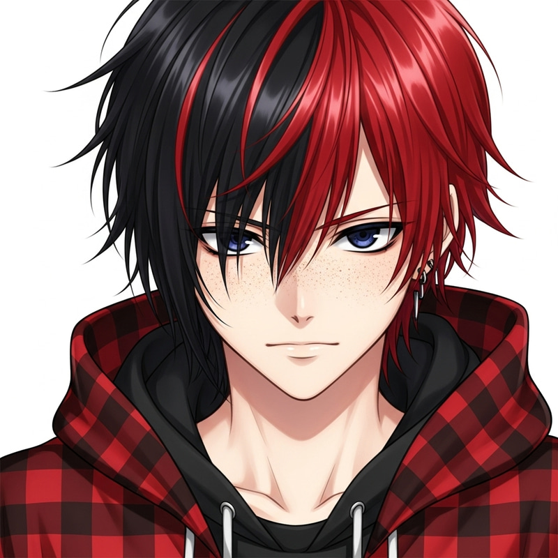 Anime-Style Male Character with Red and Black Hair: Visual Description Anime-Style Male Character with Red and Black Hair: Visual Description