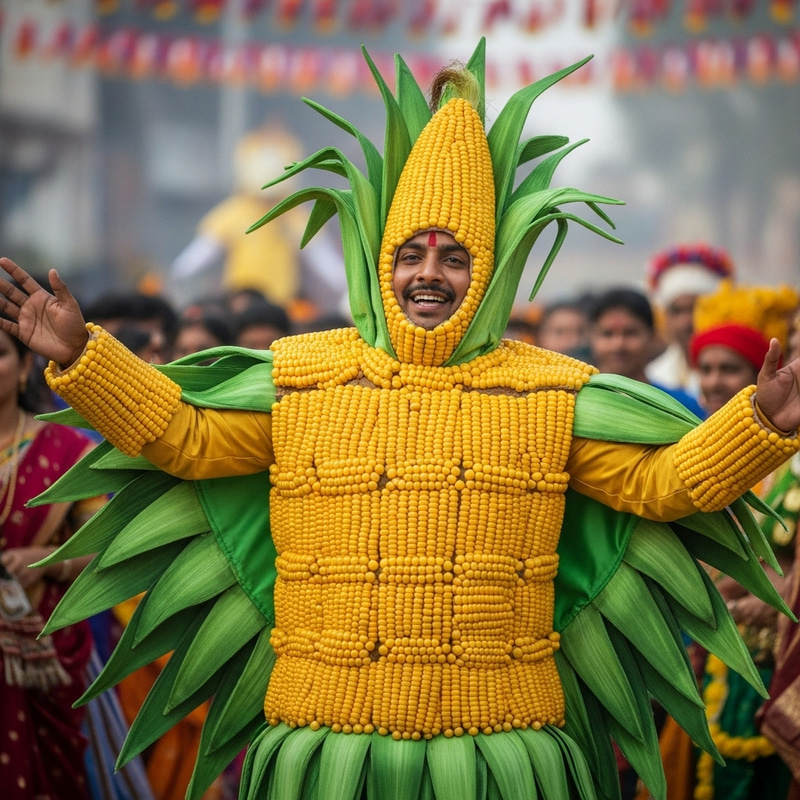 Festive South Asian Man in Detailed Corn Costume