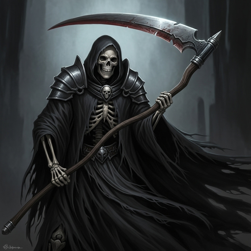 Macabre Skeleton Warrior in Dark Cloak and Scythe Macabre Skeleton Warrior in Dark Cloak and Scythe