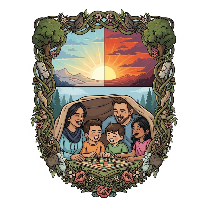Nature-Inspired Family Crest: Sunrise, Sunset, Snuggling & Games Nature-Inspired Family Crest: Sunrise, Sunset, Snuggling & Games