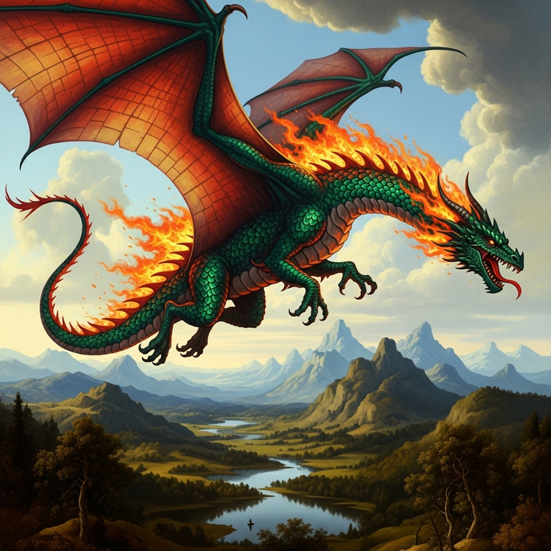 Majestic Dragon in Dutch Golden Age Style: Flight and Fire | Montelux