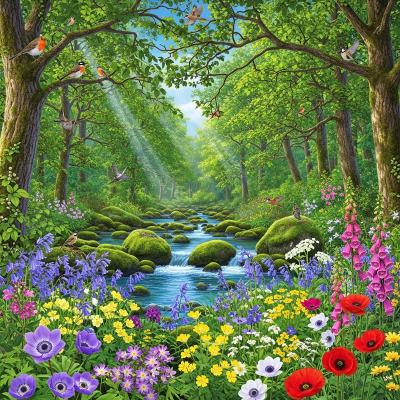 Serene Nature Landscape with Babbling Creek and Birdlife Serene Nature Landscape with Babbling Creek and Birdlife