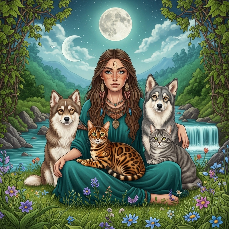 Mystical Scene: Bengal Cat, Shaman Woman, and Nature Harmony Mystical Scene: Bengal Cat, Shaman Woman, and Nature Harmony