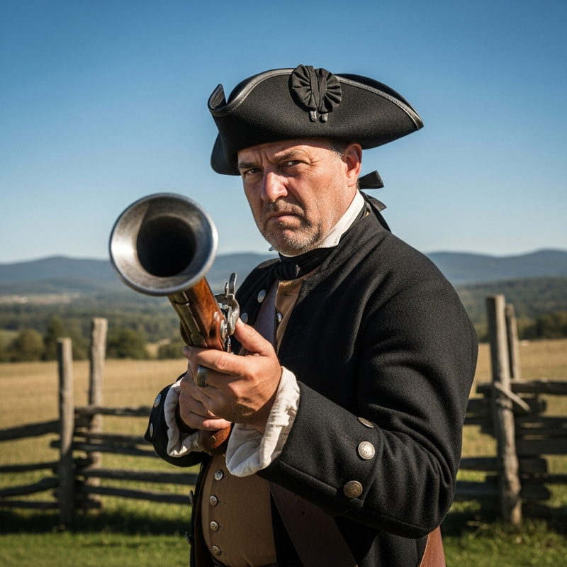 Caucasian Man with Blunderbuss in Rustic Landscape