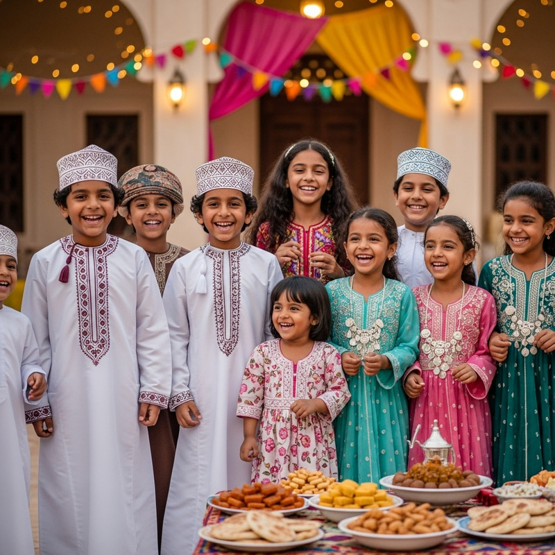 Omani Children in Traditional Clothes Celebrating Eid Al Fitr
