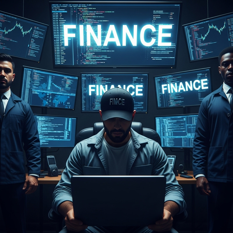 Mysterious Software Engineer Surrounded by Finance Monitors and Security Mysterious Software Engineer Surrounded by Finance Monitors and Security