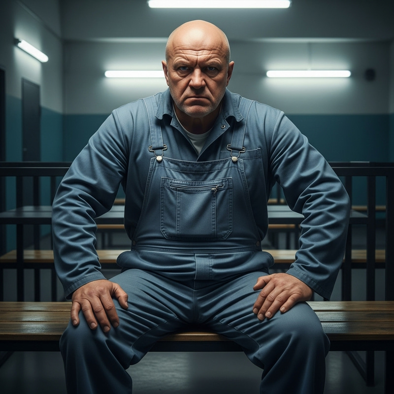 Bald Russian Prisoner in Faded Blue Overalls - Severe 4K Image Bald Russian Prisoner in Faded Blue Overalls - Severe 4K Image