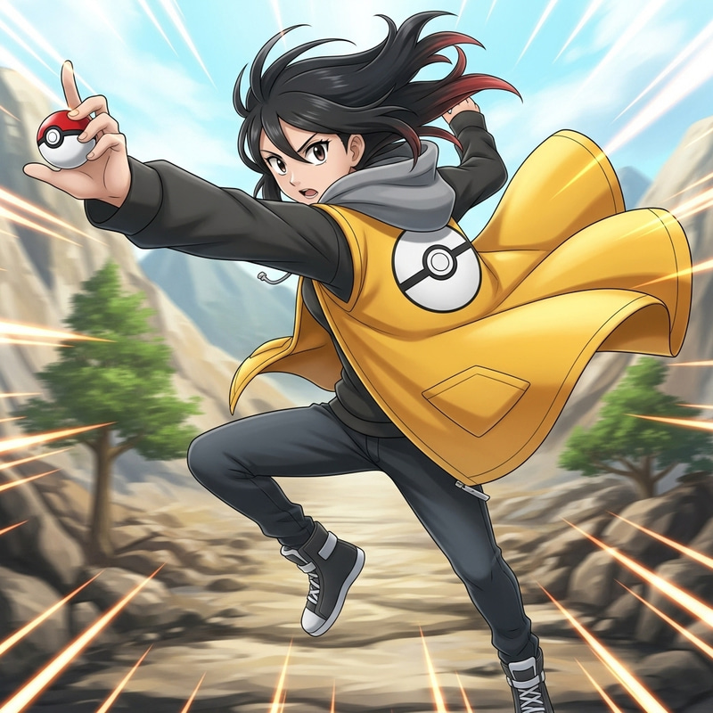 Hispanic Pokemon Trainer in Dynamic Action Pose with Oversized Vest - Anime Style