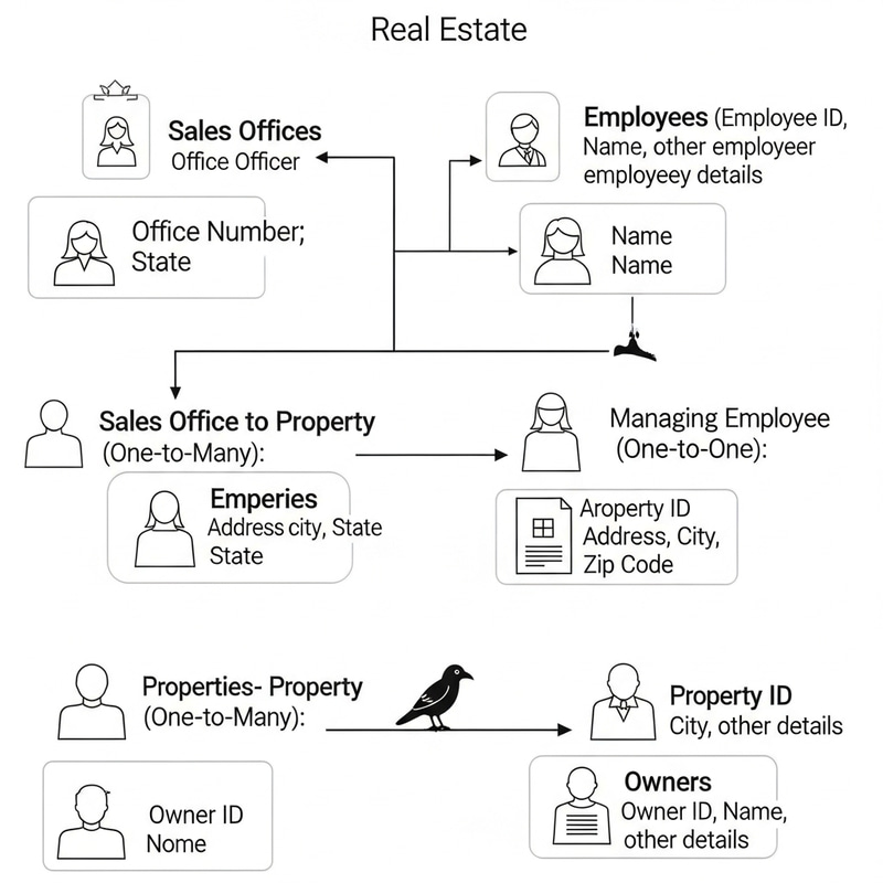 Real Estate Firm: Sales Offices, Employees, Properties, and Owners Relationship Diagram Real Estate Firm: Sales Offices, Employees, Properties, and Owners Relationship Diagram