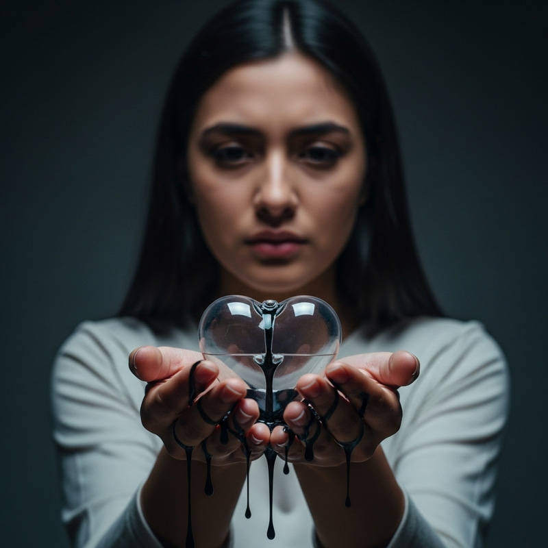 Woman Holding Plastic Heart Leaking Black Liquid | Emotional Art Woman Holding Plastic Heart Leaking Black Liquid | Emotional Art