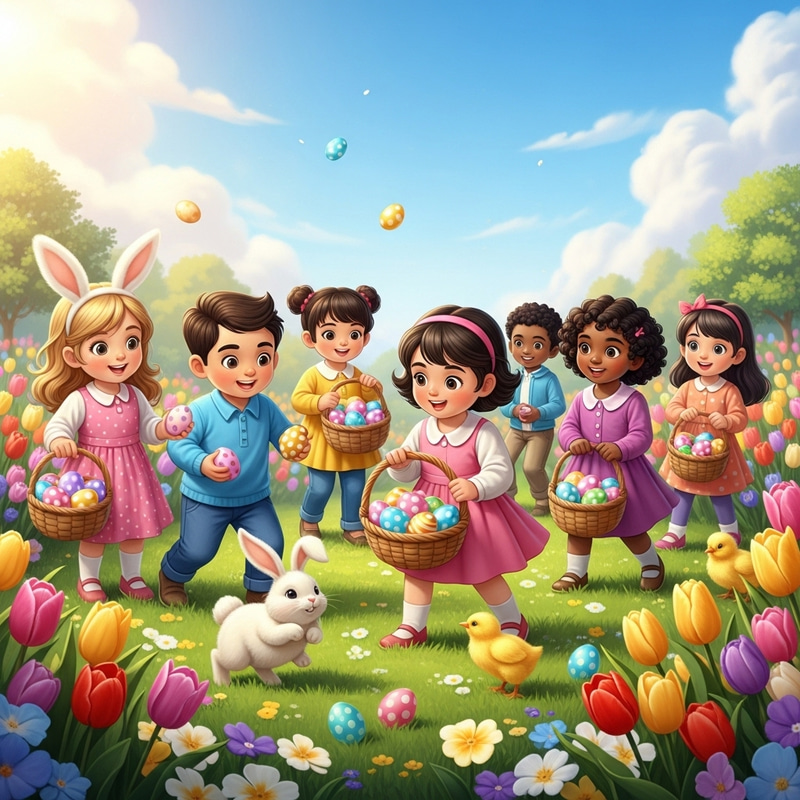 Easter 2024: Joyful Egg Hunt in Colorful Garden with Diverse Children and Bunny Easter 2024: Joyful Egg Hunt in Colorful Garden with Diverse Children and Bunny
