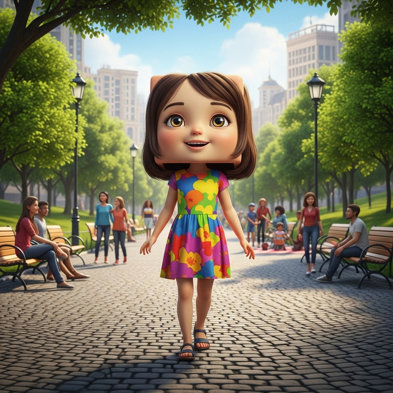 Girl with Cube-Shaped Head in City Park Girl with Cube-Shaped Head in City Park