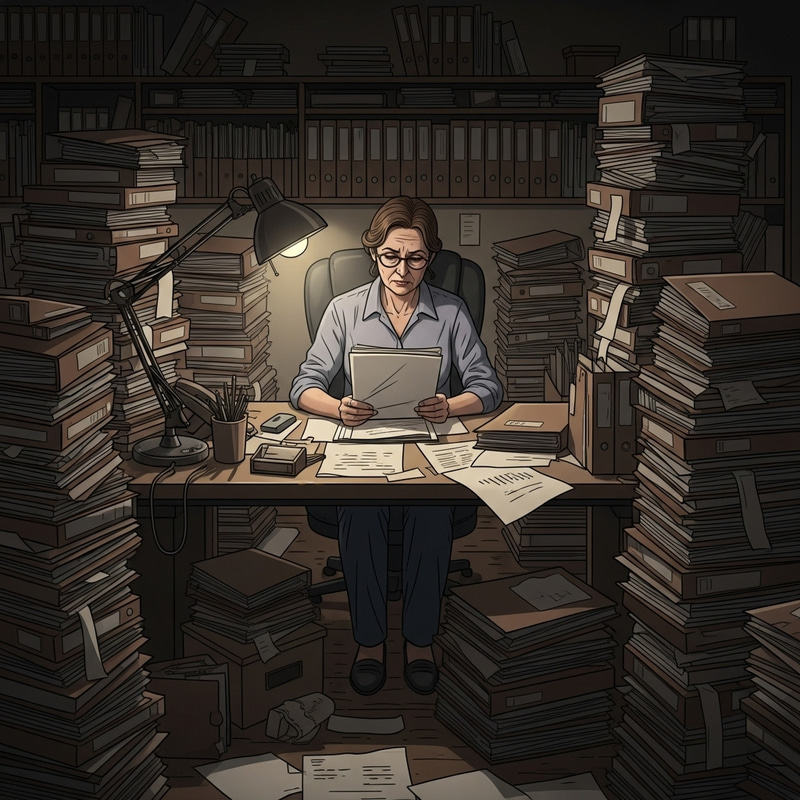 Tedious Woman Overwhelmed with Papers at Desk