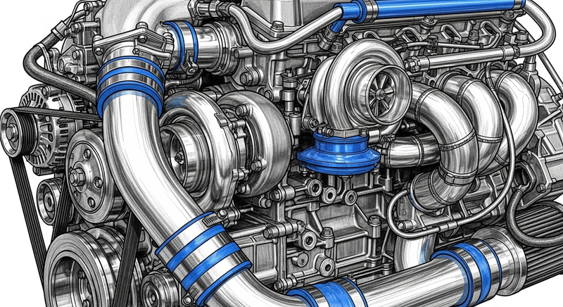 Detailed 2JZ Motor Technical Drawing in Monochrome with Blue Accents Detailed 2JZ Motor Technical Drawing in Monochrome with Blue Accents