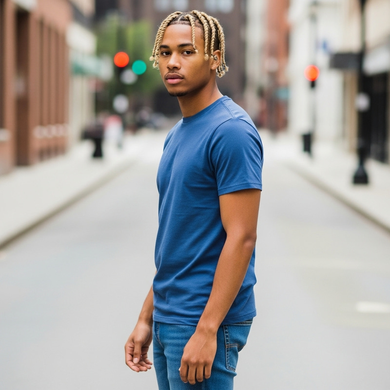 Handsome Light Brown African American Black Man with Braids in Blue T-shirt & Jeans Handsome Light Brown African American Black Man with Braids in Blue T-shirt & Jeans